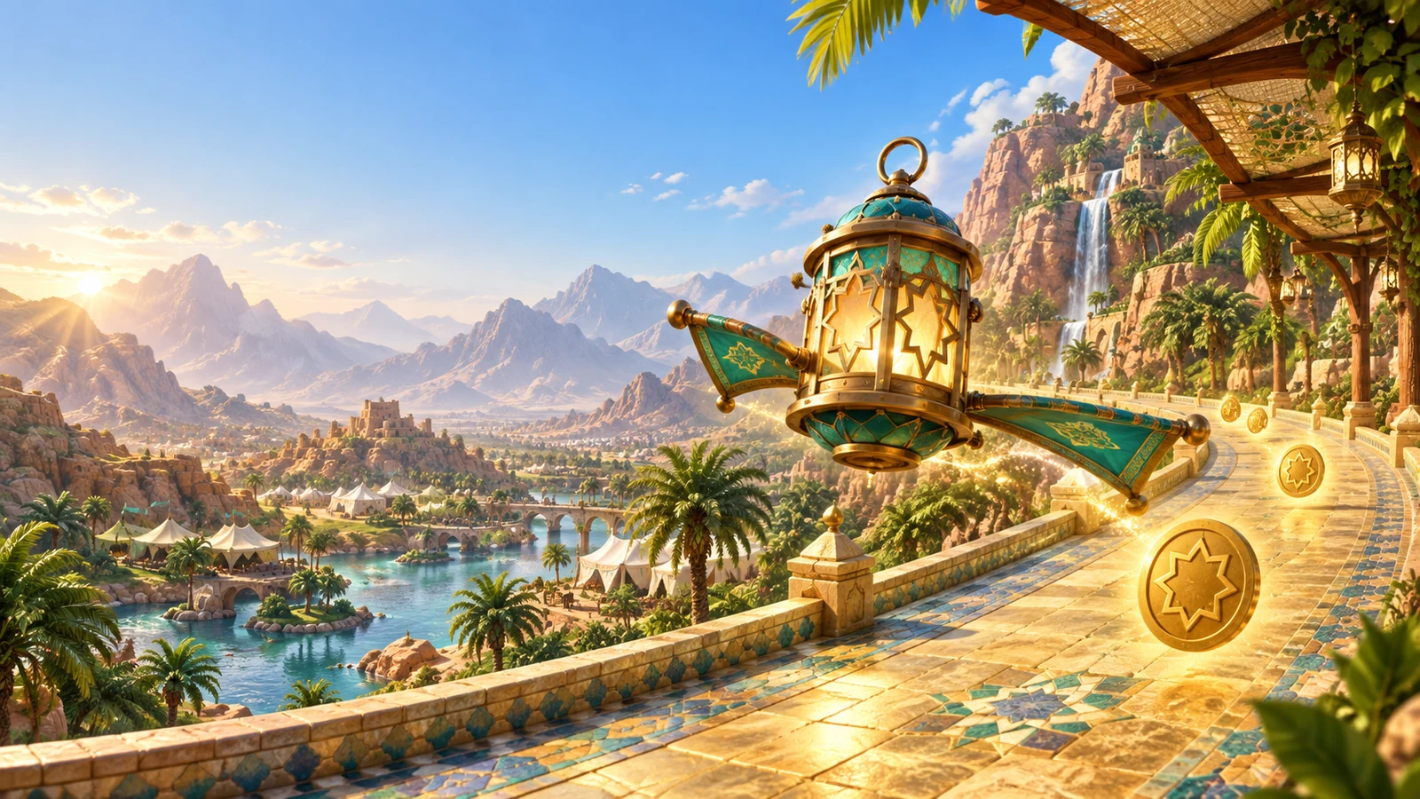 A turquoise and gold lantern glider exploring a sunlit oasis trail
