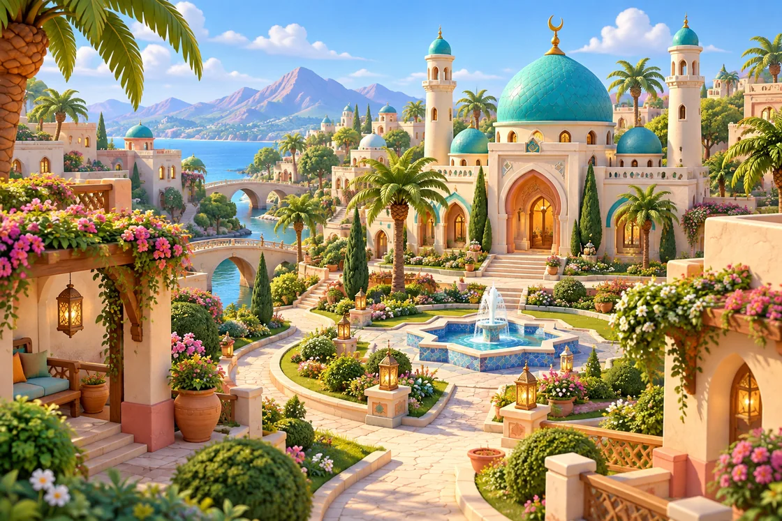 A sunlit illustrated garden with a turquoise-domed mosque, flowers and winding paths.