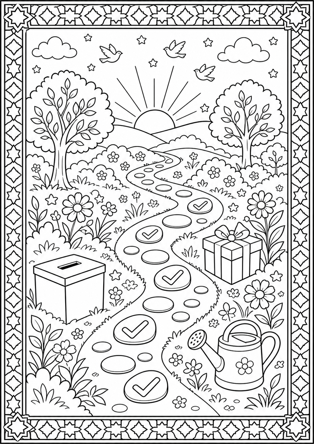AI-generated symbolic Good Deeds Path coloring worksheet with no eyes or people