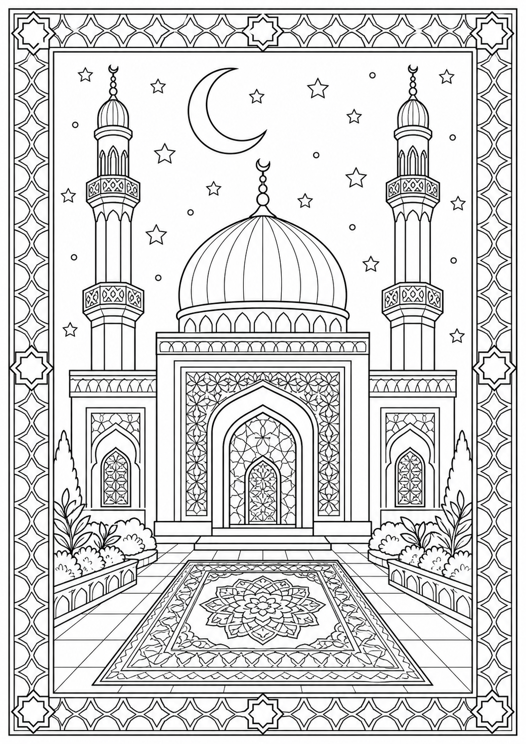 AI-generated symbolic Welcoming Masjid coloring worksheet with no eyes or people